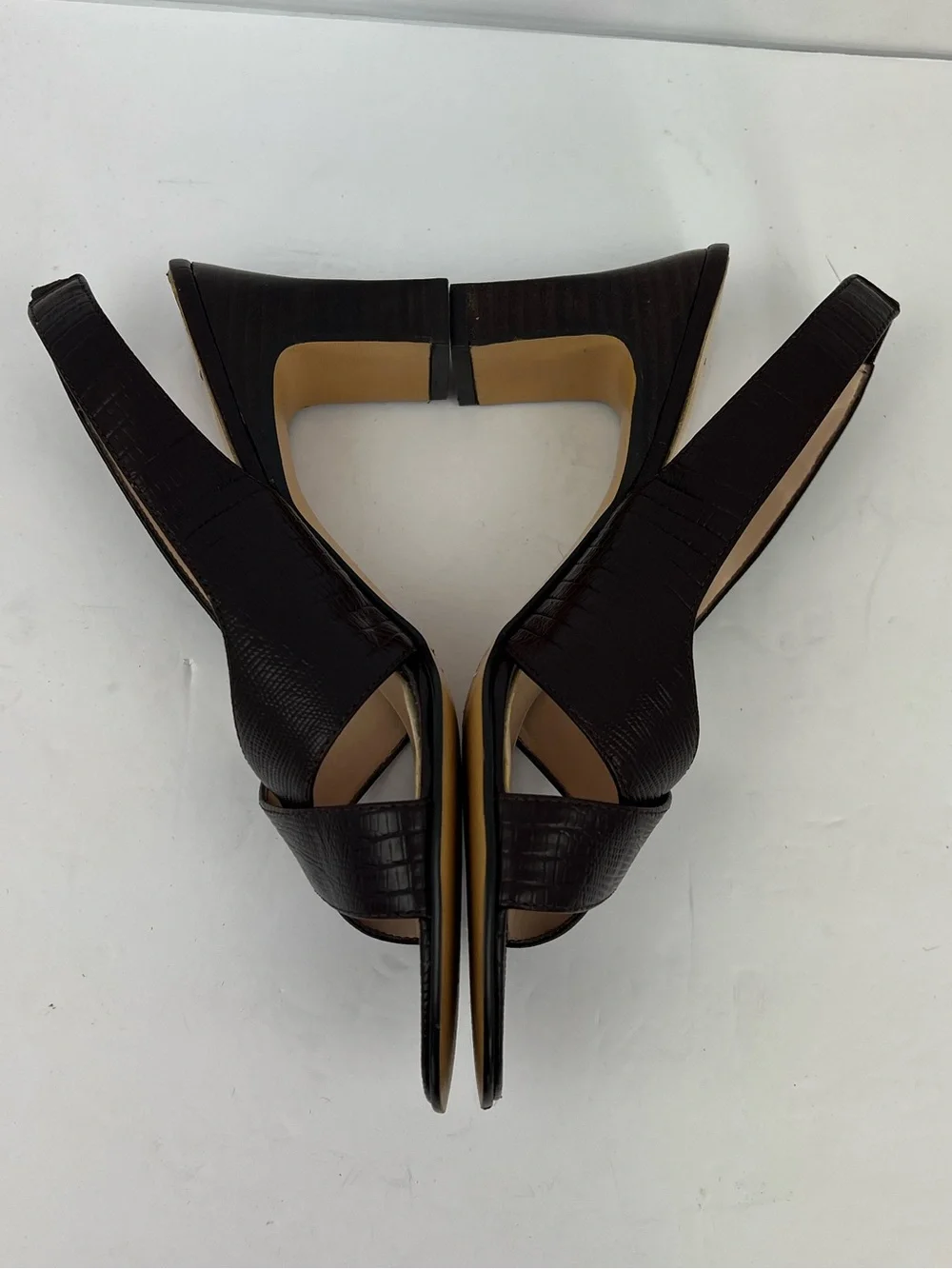 AK2 ANNE KLEIN VTG BROWN CROC EMBOSSED LEATHER SLING BACK, BLOCK HEEL SANDALS 7M